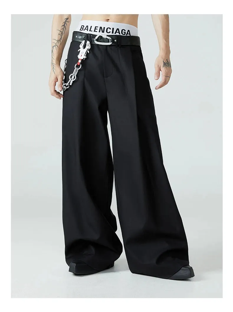 Men's Black High Streetwear Baggy Pleated Wide Leg Trousers