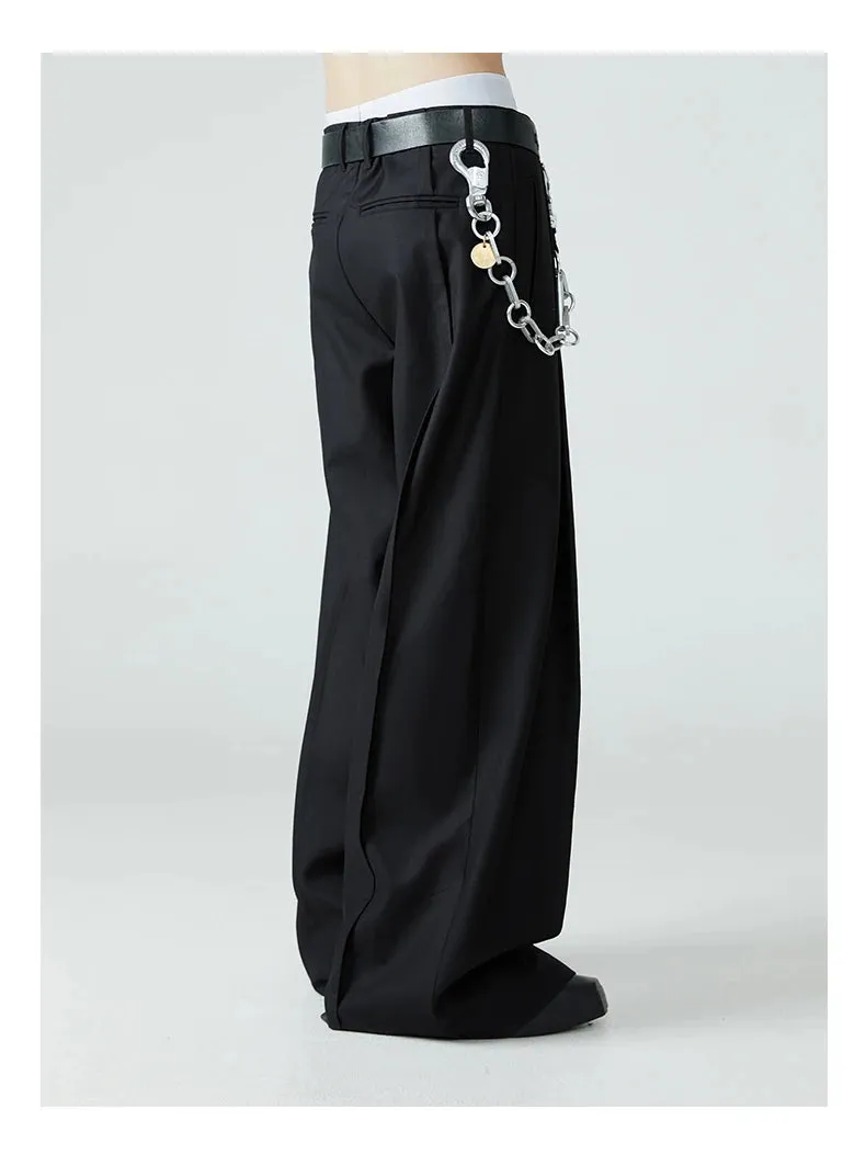 Men's Black High Streetwear Baggy Pleated Wide Leg Trousers