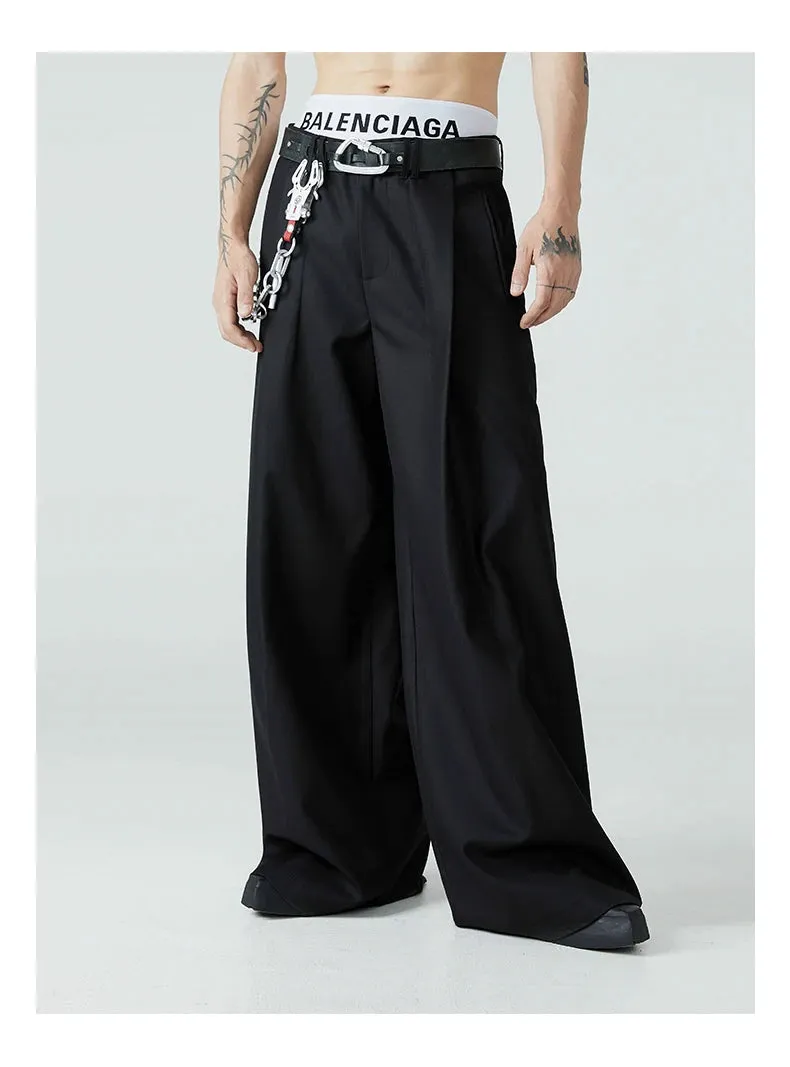 Men's Black High Streetwear Baggy Pleated Wide Leg Trousers