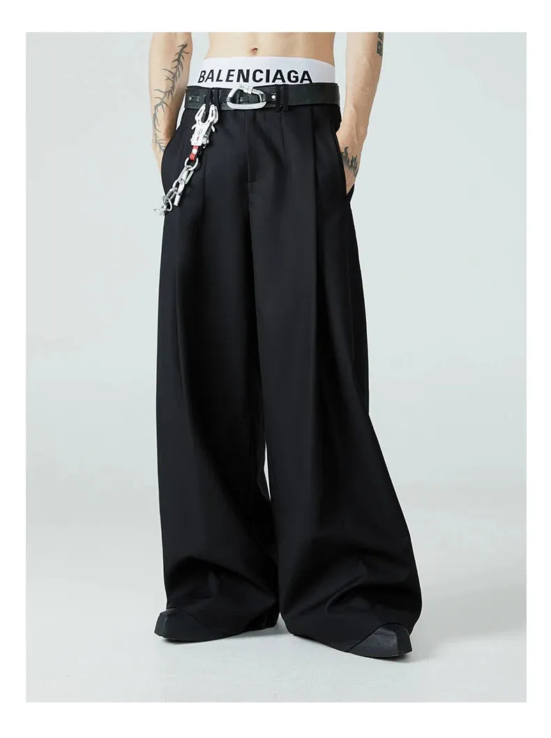 Men's Black High Streetwear Baggy Pleated Wide Leg Trousers