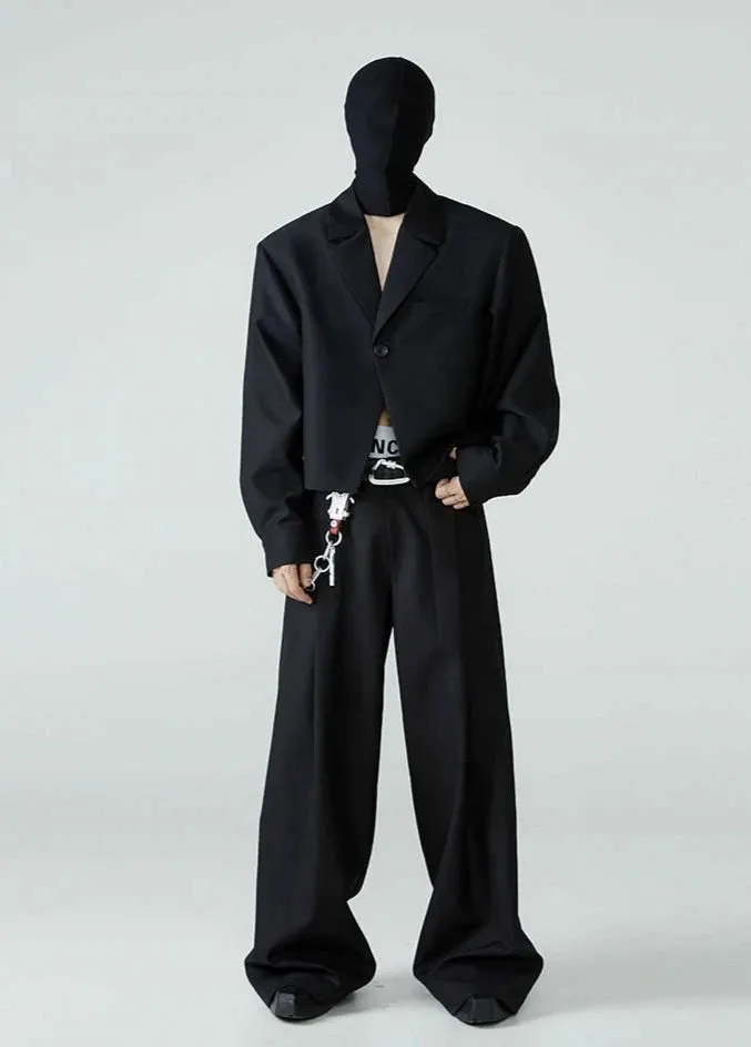 Men's Black High Streetwear Baggy Pleated Wide Leg Trousers