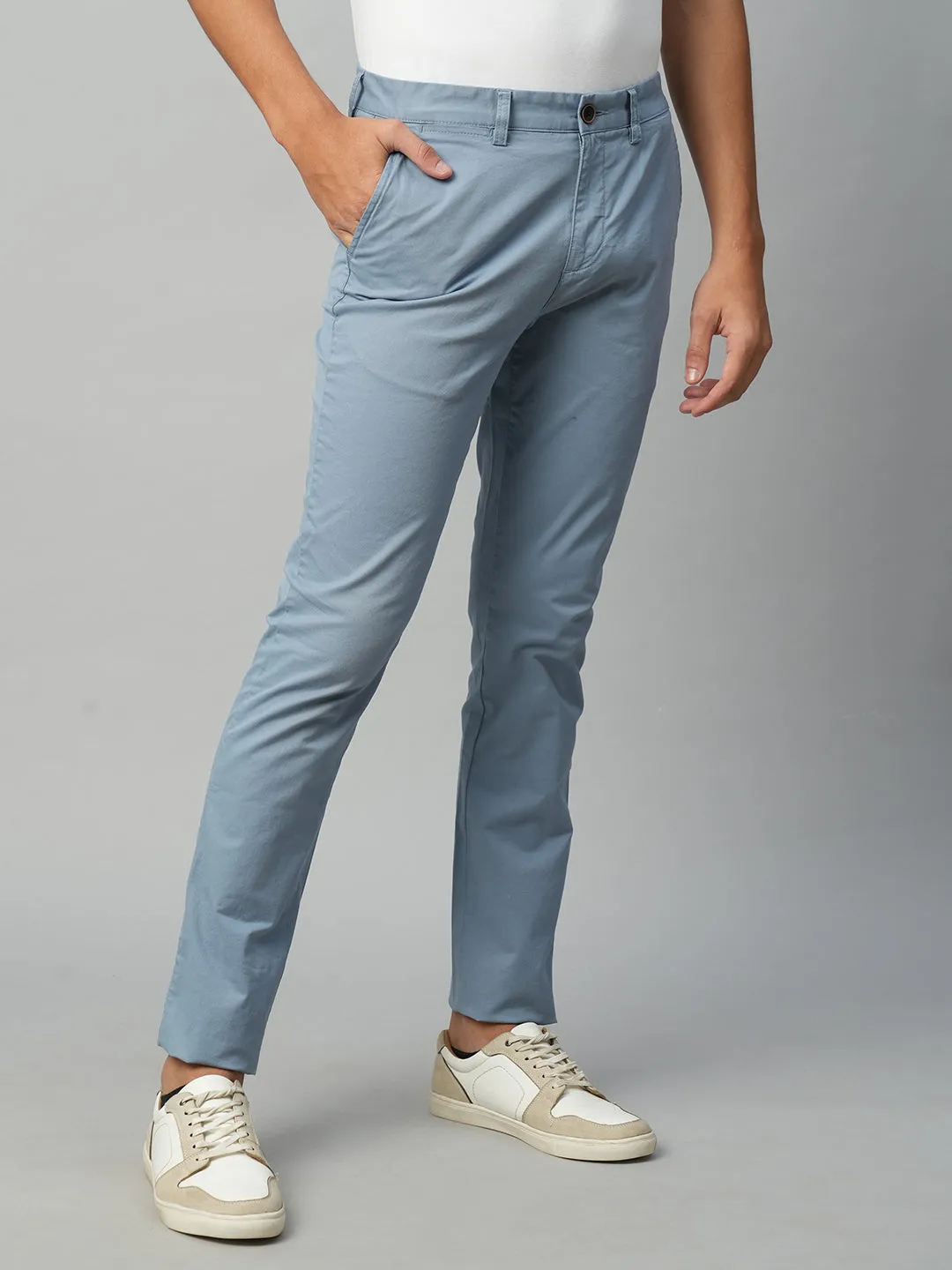 Men's Greyish Blue Cotton Lycra  Slim Fit Pant