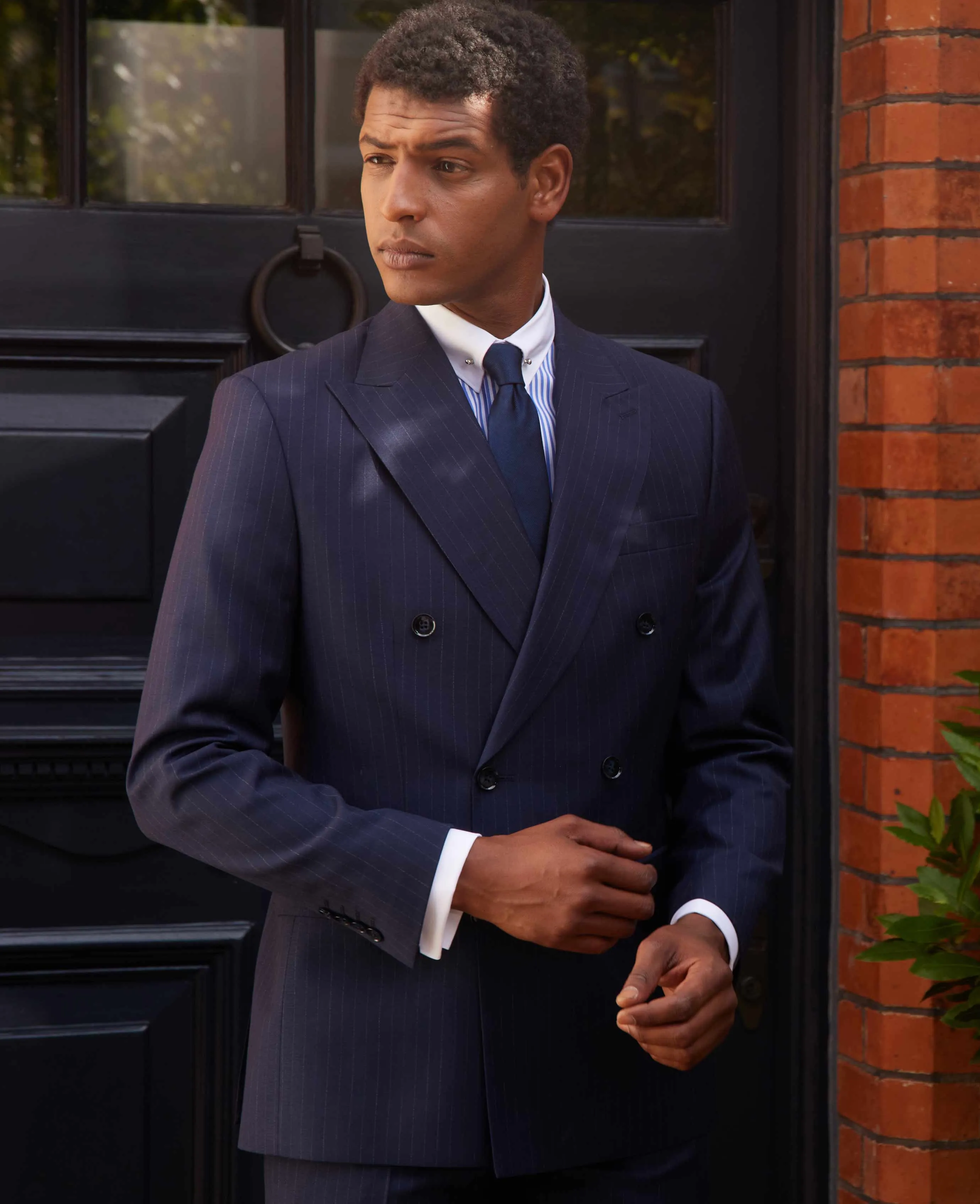 Navy Stripe Double-Breasted Suit Jacket