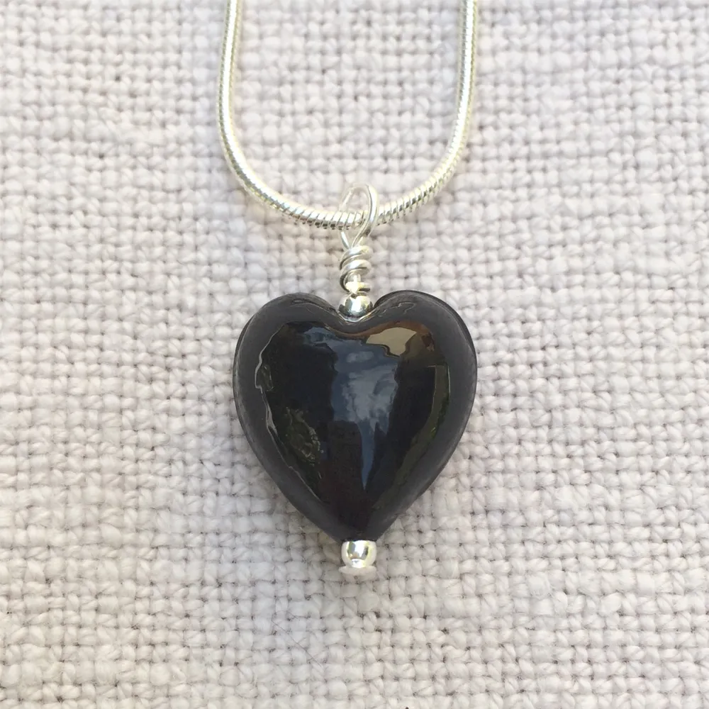 Necklace with black pastel Murano glass small heart pendant on silver snake chain