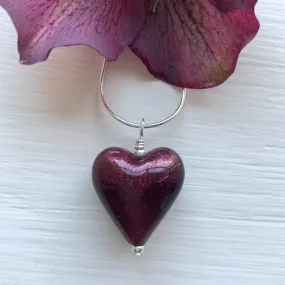 Necklace with dark amethyst (purple) Murano glass medium heart pendant on silver chain