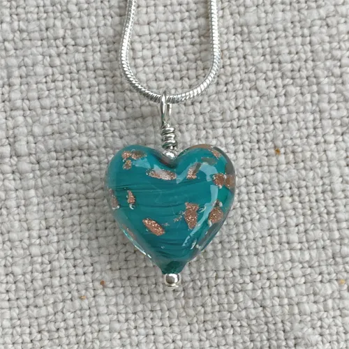 Necklace with dark green and aventurine Murano glass small heart pendant on chain