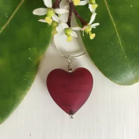 Necklace with frosted red Murano glass medium heart pendant on silver snake chain