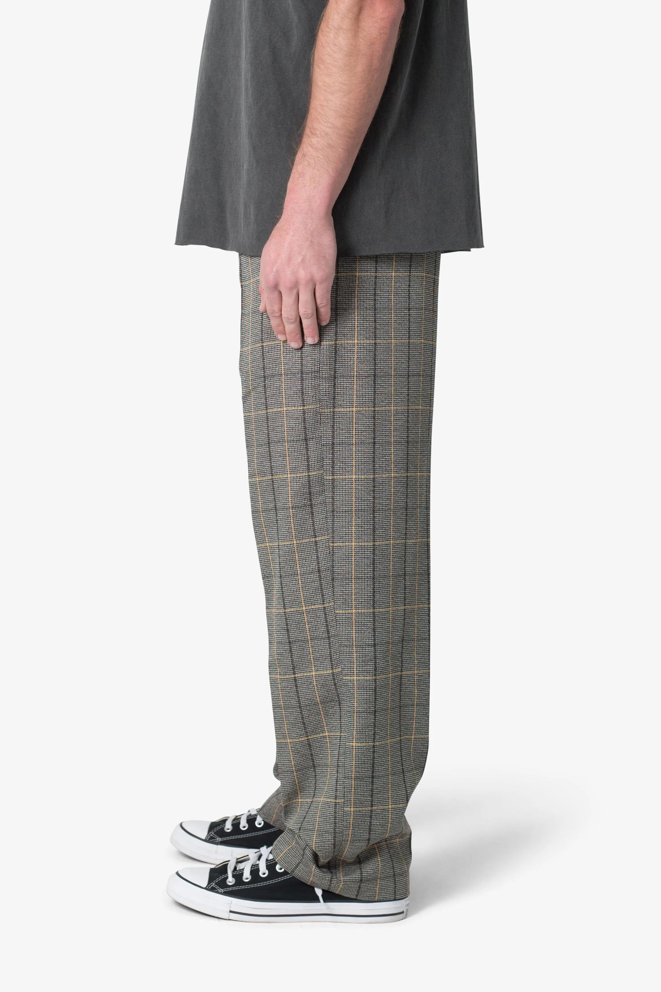 Pleated Plaid Trousers - Light Brown/Cream