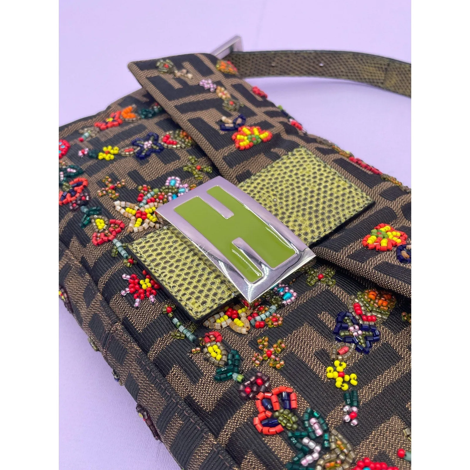 Rare Fendi Baguette Beaded Zucca Canvas and Lizard