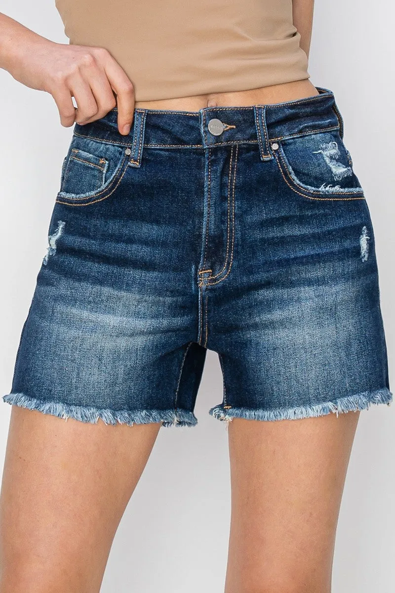 Risen High Rise Frayed & Distressed Shorts- Dark Wash