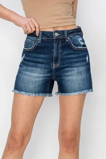 Risen High Rise Frayed & Distressed Shorts- Dark Wash