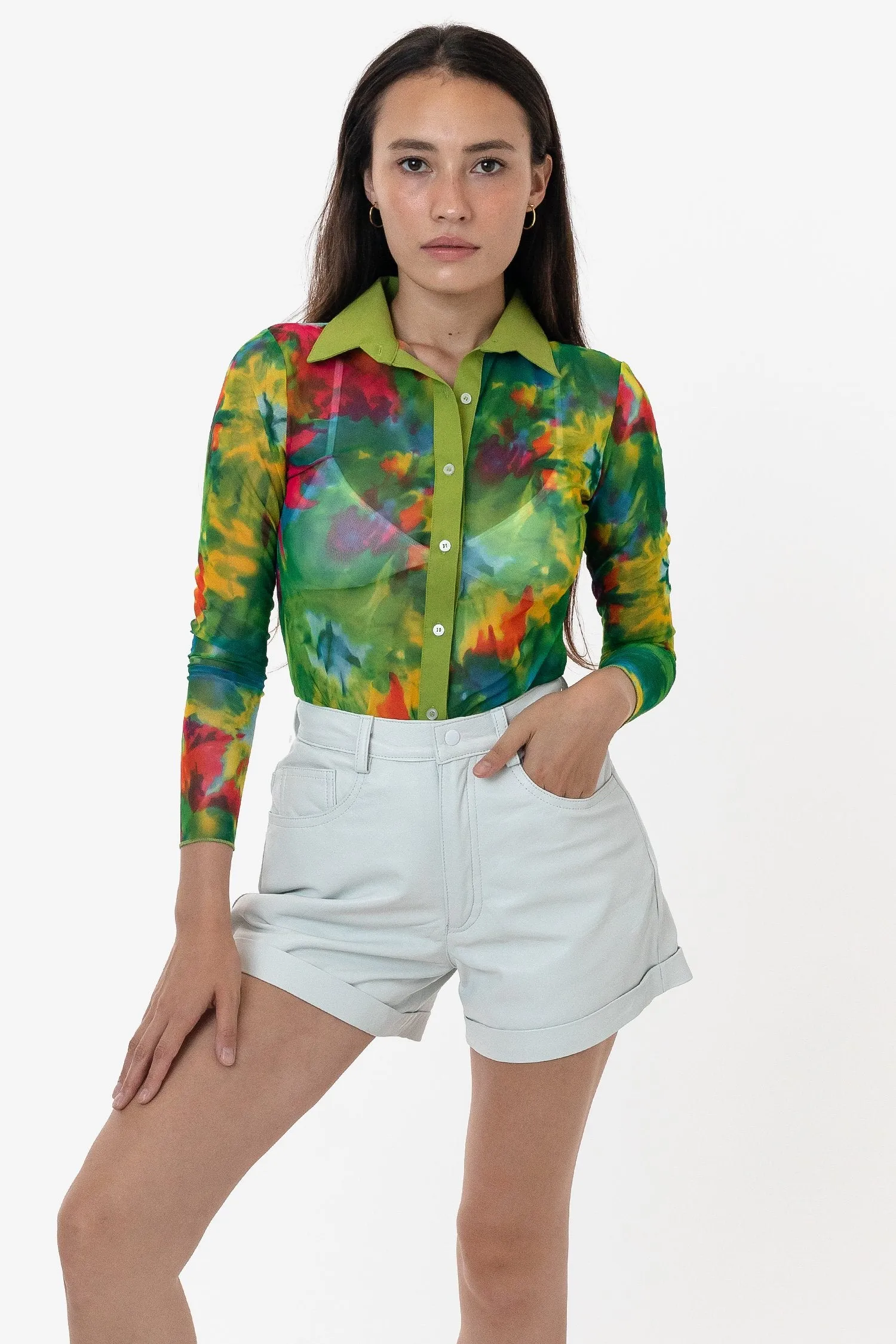 RNS745P - Printed Micro Mesh Long Sleeve Button Up