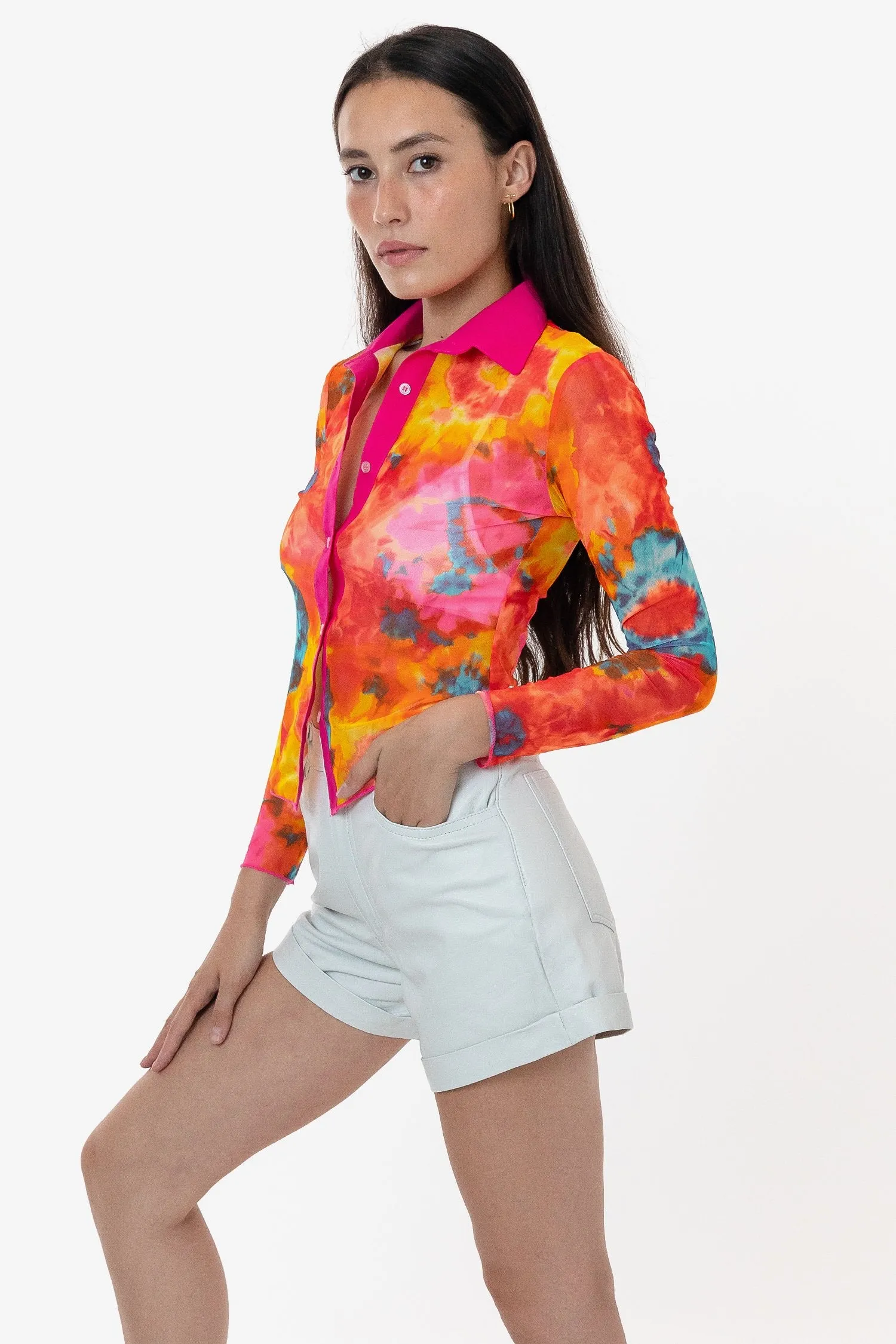 RNS745P - Printed Micro Mesh Long Sleeve Button Up