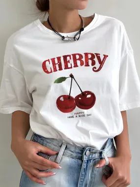 Summer Women's Cherry Print Casual Fashion White Versatile Loose Round Neck T-Shirt