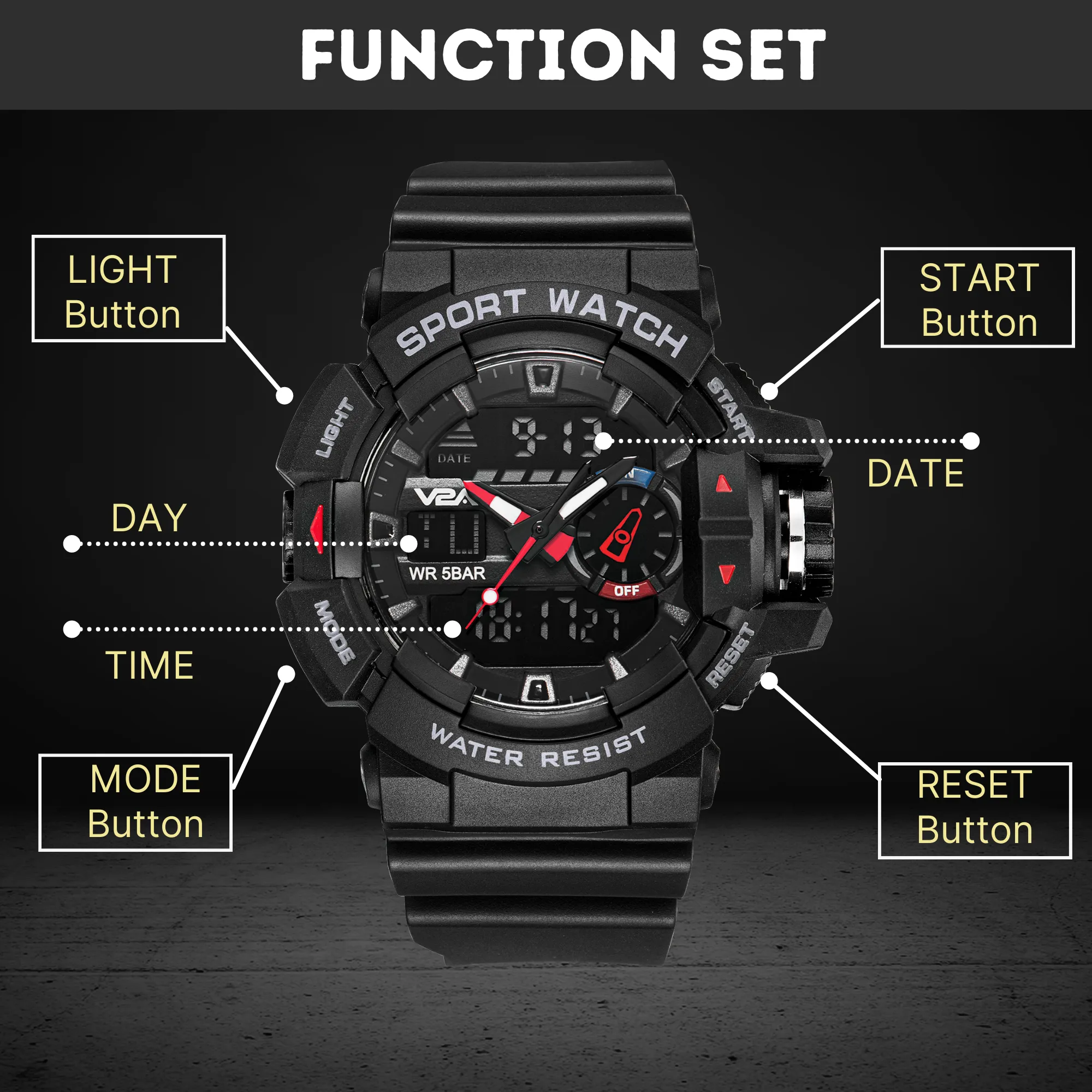 V2A Analog Digital 5ATM Waterproof Sports Watch for Men with Stopwatch, Alarm and Backlight | Case Size- 52mm