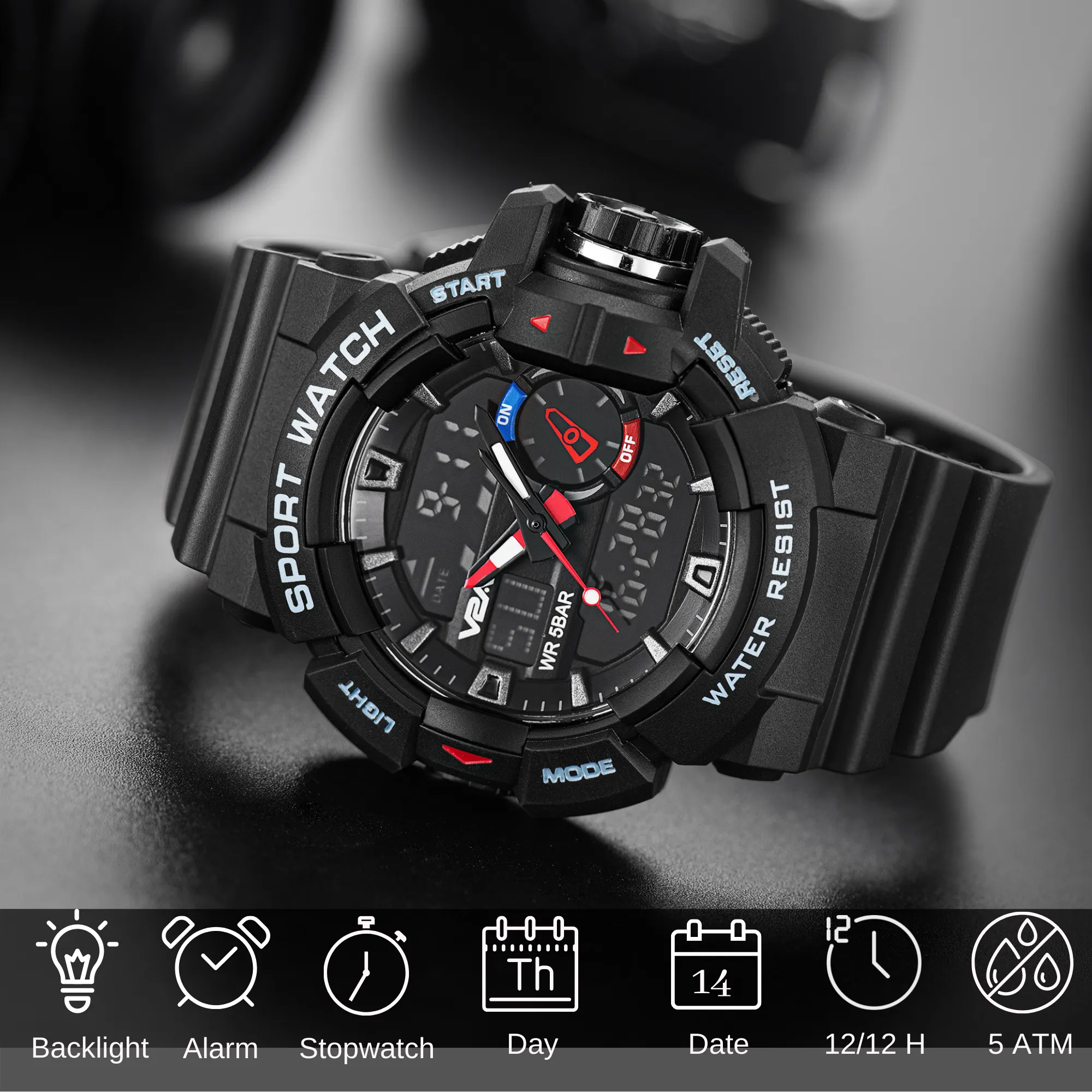 V2A Analog Digital 5ATM Waterproof Sports Watch for Men with Stopwatch, Alarm and Backlight | Case Size- 52mm