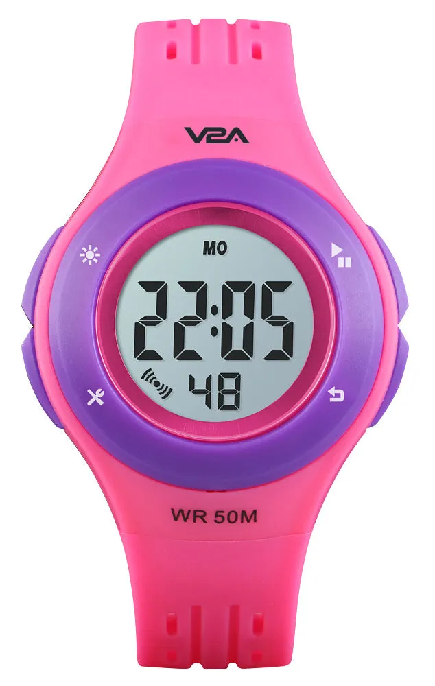 V2A Digital 5ATM Waterproof Kids Sports Watch with 7 Color Backlight Alarm Stopwatch for Boys and Girls (White Dial and Black Colored Strap)