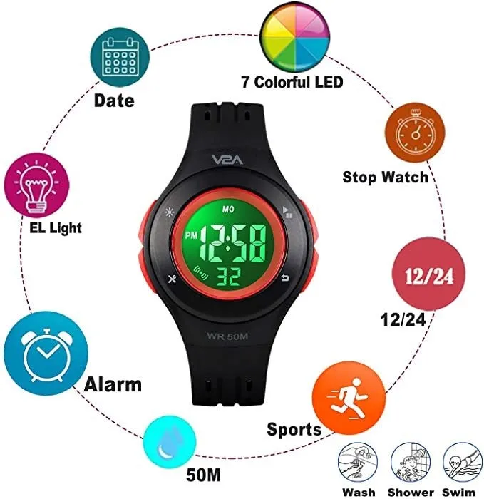 V2A Digital 5ATM Waterproof Kids Sports Watch with 7 Color Backlight Alarm Stopwatch for Boys and Girls (White Dial and Black Colored Strap)