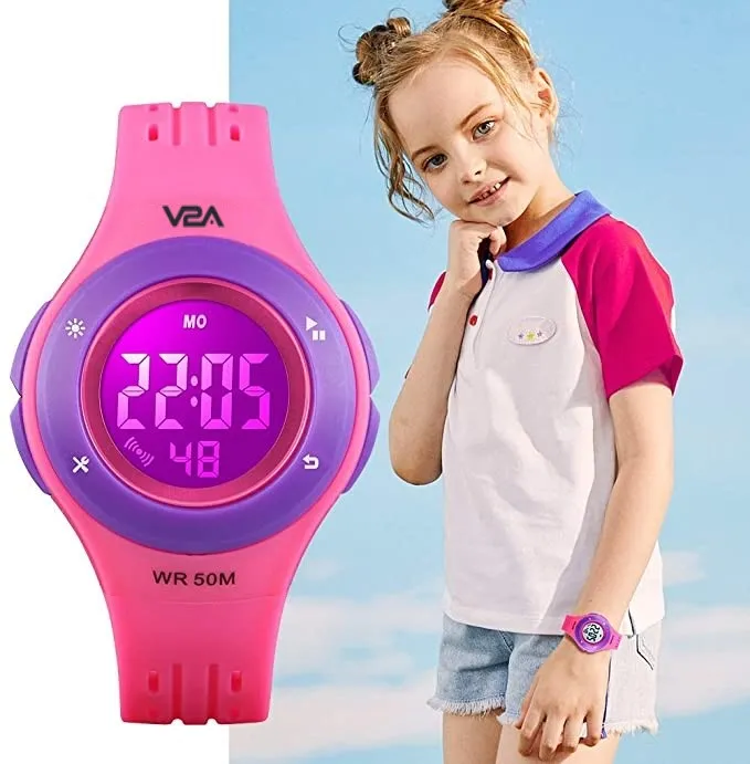 V2A Digital 5ATM Waterproof Kids Sports Watch with 7 Color Backlight Alarm Stopwatch for Boys and Girls (White Dial and Black Colored Strap)