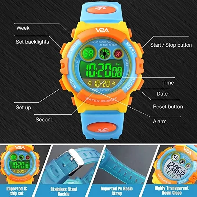 V2A Digital 5ATM Waterproof Kids Sports Watch with 7 Color Backlight Alarm Stopwatch for Boys and Girls (Yellow Dial and Blue Colored Strap)