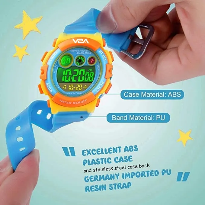 V2A Digital 5ATM Waterproof Kids Sports Watch with 7 Color Backlight Alarm Stopwatch for Boys and Girls (Yellow Dial and Blue Colored Strap)