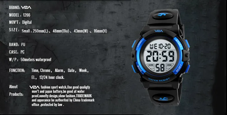 V2A Kids LED 5ATM Waterproof Digital Sports Casual Watch For Boys And Girls